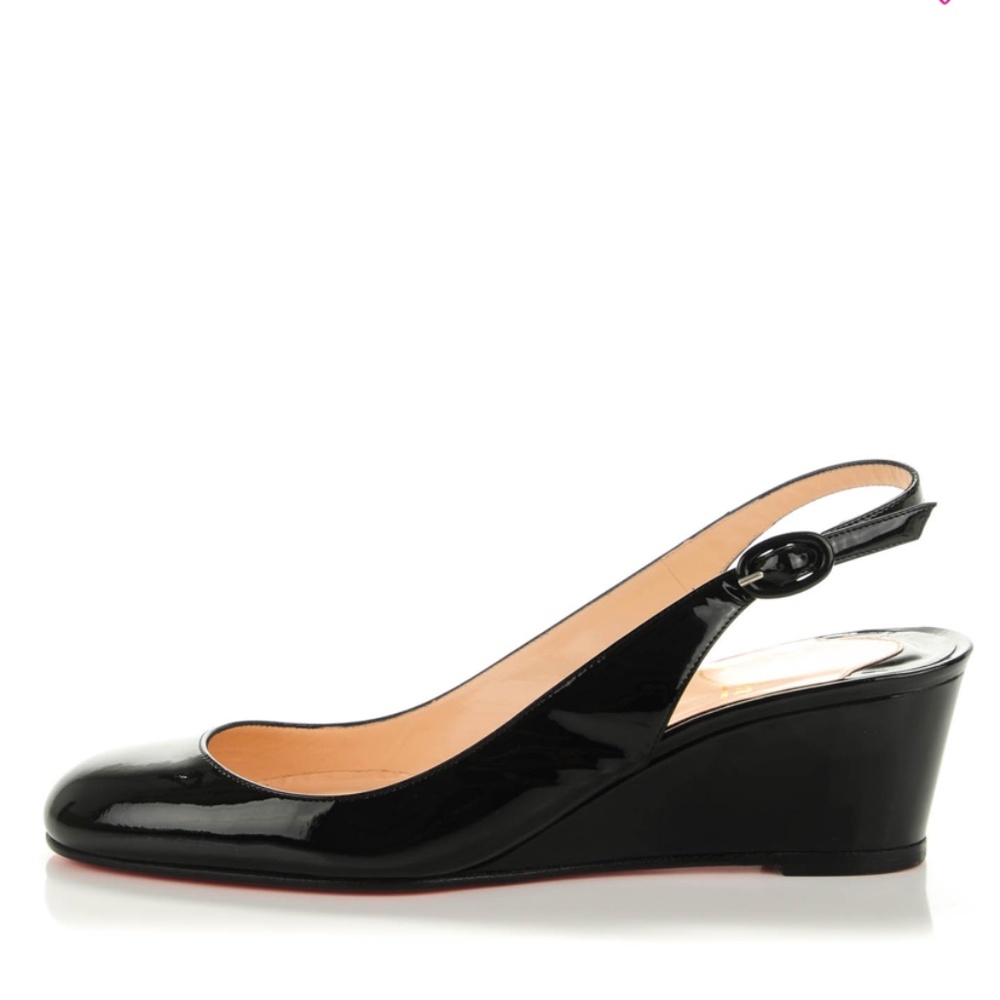 Christian Louboutin Black Patent Leather Slingback Wedge Pumps